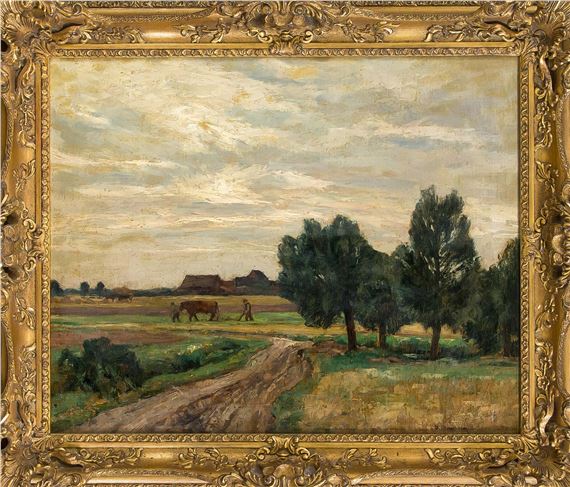 Landscape with plowing farmer by Alfred Rasenberger