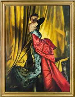 Racy beauty takes the viewer in front of a yellow curtain - FR. Degen