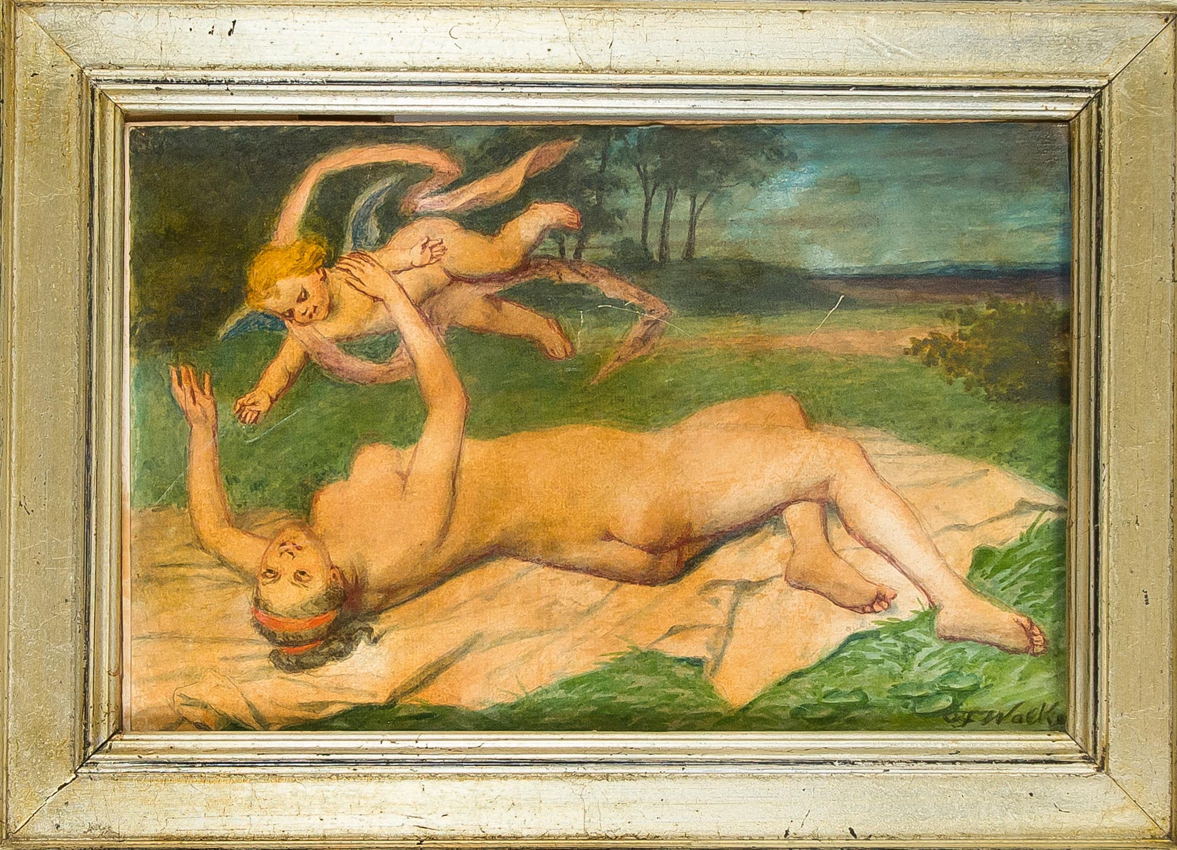 Artwork by F. Wacker, Nude playing with a putto in a clearing, Made of Oil on cardboard