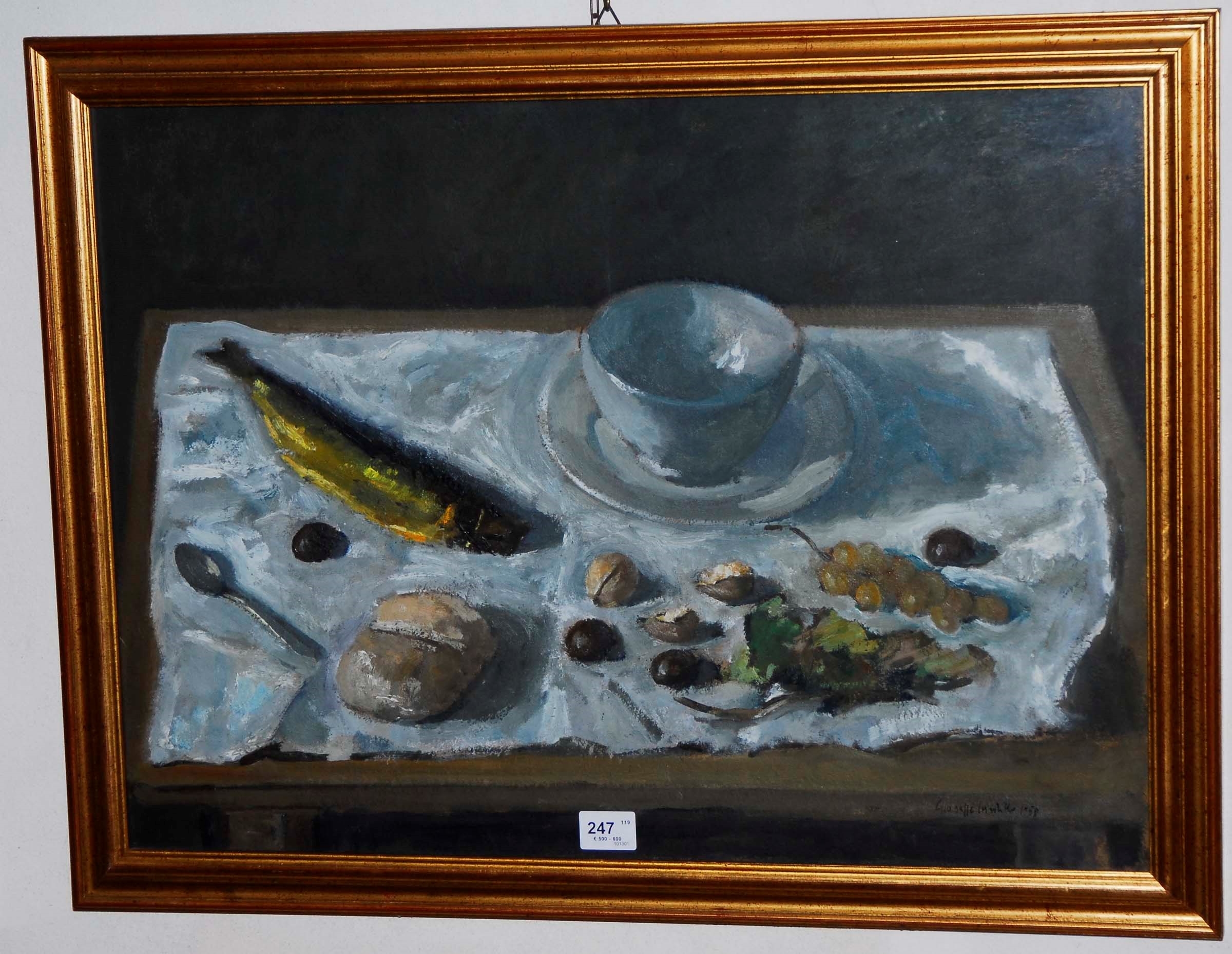 Artwork by Giuseppe Cardillo, Natura morta con pane e aringa, Made of oil on cardboard