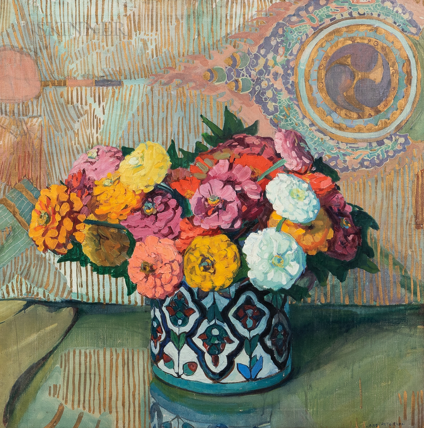 Jane Peterson | Zinnias in Persian Bowl with Chinese Background | MutualArt