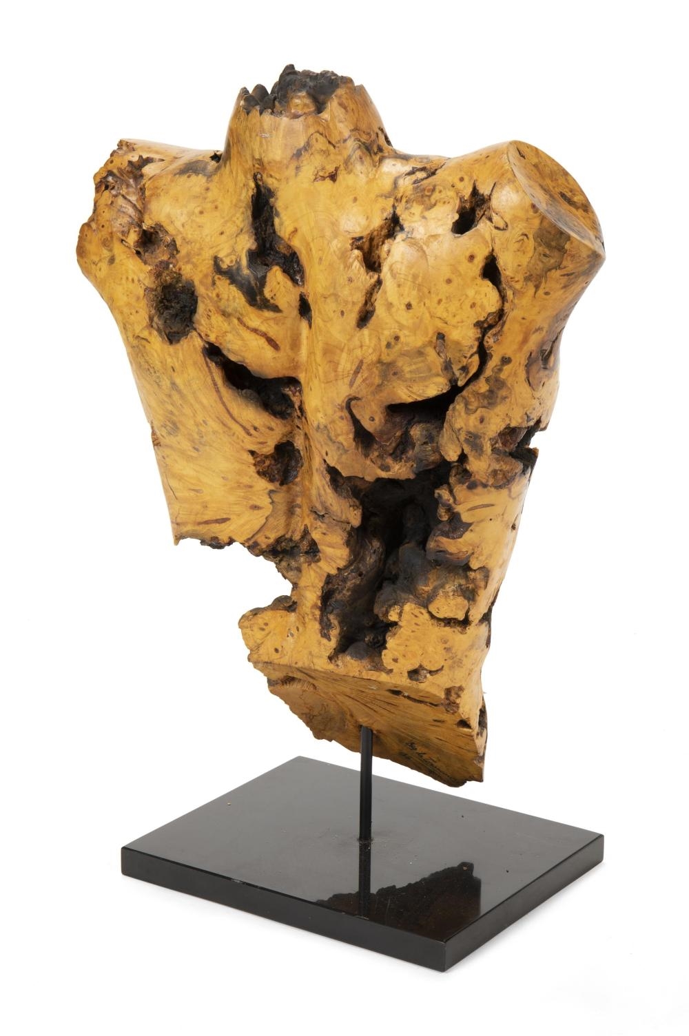 Artwork by Sig De Tonancour, Torso sculpture male, Made of Burlwood on stone base