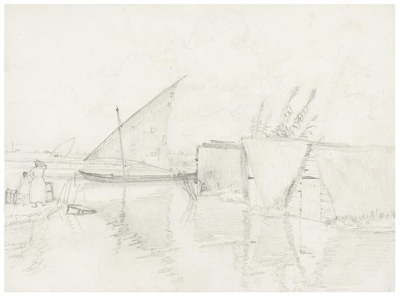 Figures and boats in a Spanish village by Arthur Grover Rider, 1923