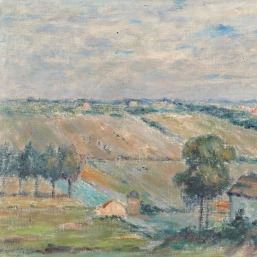 A loose, impressionistic landscape of rolling hills and scattered trees under a cloudy sky.
