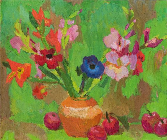 Stillleben mit Anemonen, Lilien und Äpfel by Hans Böhler, 1950