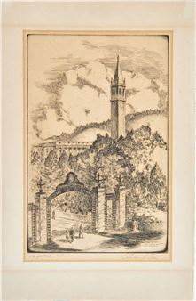 A detailed etching of a grand archway leading to a hillside with a tall tower and a building.