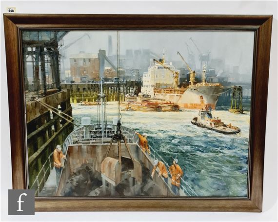 A busy harbour scene with a crew on a dredger, a moored cargo ship beyond by John Lines