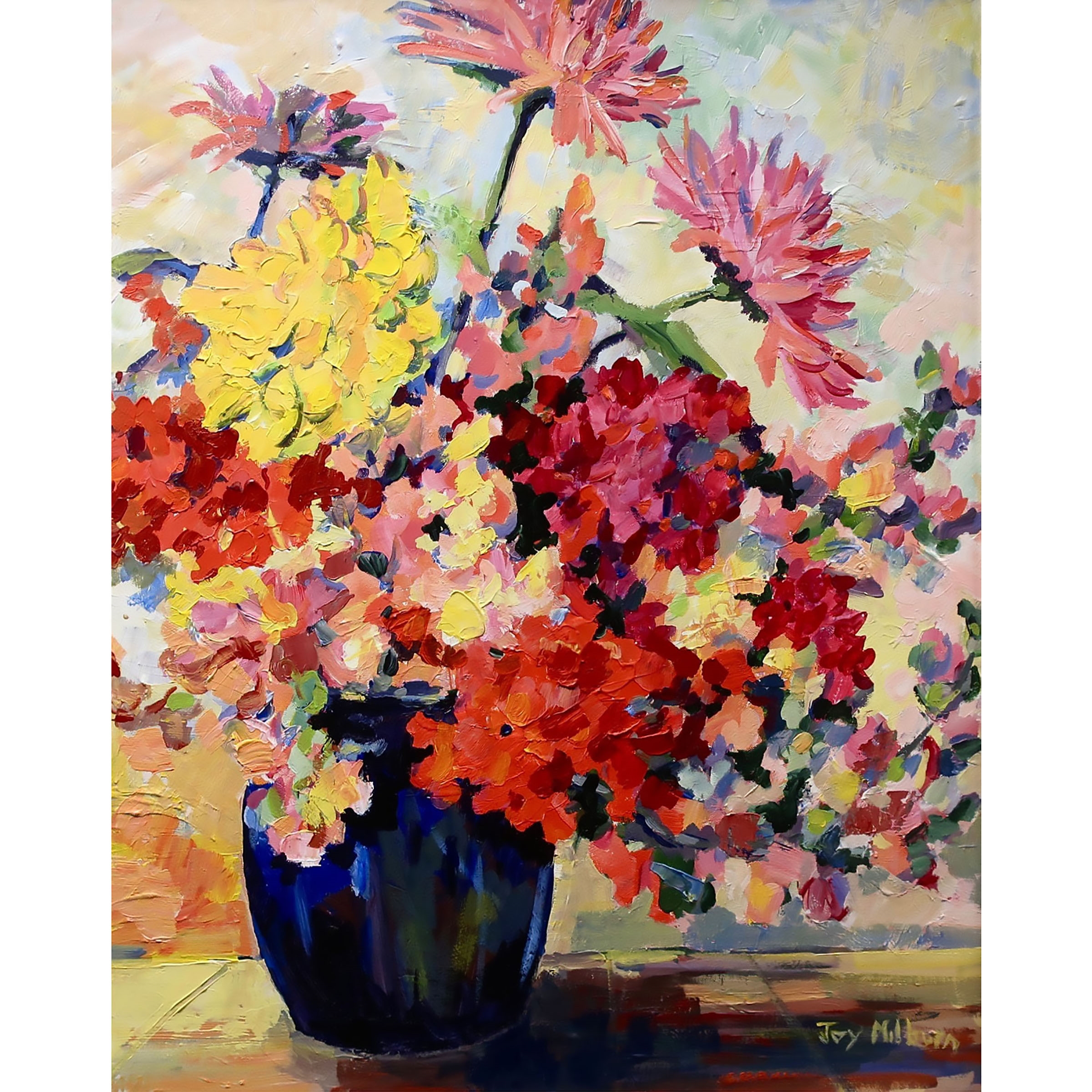 Artwork by Joy Milburn, UNTITLED (FLOWERS IN A ROYAL BLUE VASE), Made of OIL ON CANVAS