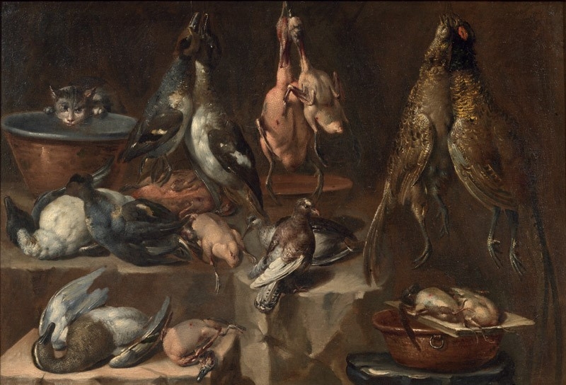Natura morta con selvaggina, pollame, gatto, piccione e bacili di rame by Felice Boselli