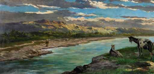 Peasants with herds by a stream by Mariano Pajetta