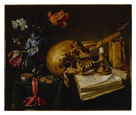 A still life with a skull, a music book, a snuffed-out candle, a bouquet of dying flowers and other vanitas objects on a table - Simon Renard de Saint-Andre