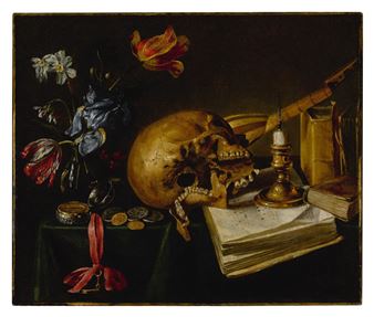 A still life with a skull, a music book, a snuffed-out candle, a bouquet of dying flowers and other vanitas objects on a table - Simon Renard de Saint-Andre
