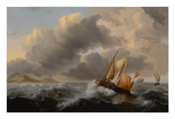 Ships in a stormy sea, with a dune coast beyond by Ludolf Backhuysen I, Jan Claesz. Rietschoof