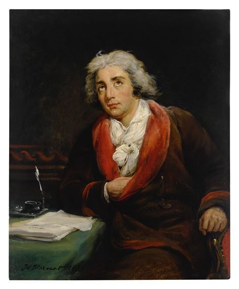 Portrait of the poet André Chénier (1762-1794), three-quarter length, seated at a table covered in a green cloth with papers and an inkwell, his hand tucked into his jacket by Horace Vernet