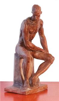 Atleta seduto a riposo, il volto verso il basso - Ettore Greco