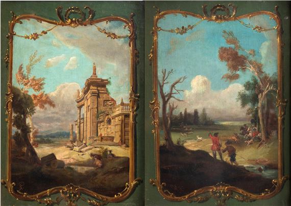 Veduta con architettura e figura; Alla caccia by Enrico Gamba