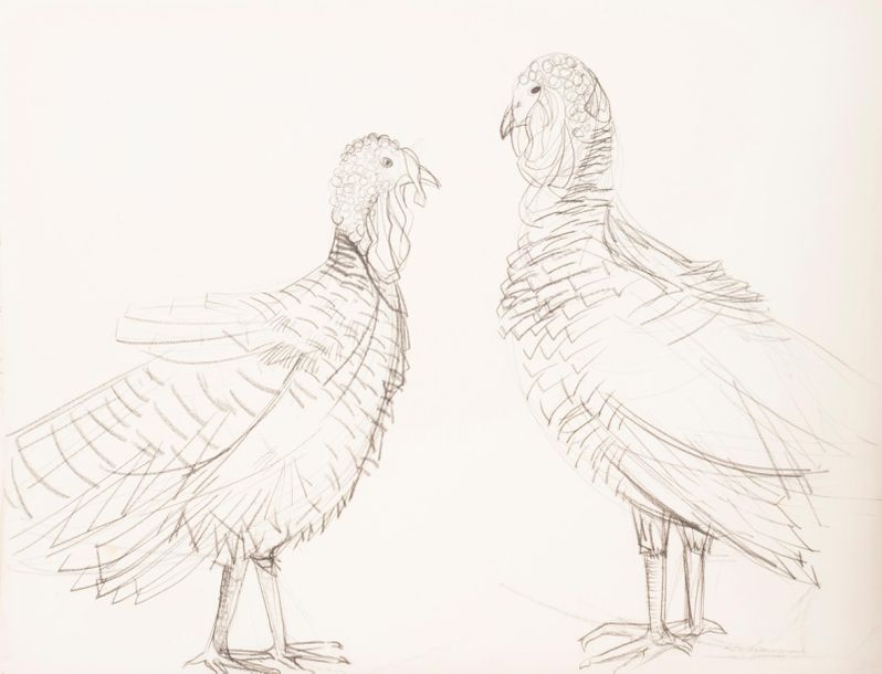 Artwork by Pierre Theron, Deux dindons, Made of Conté pencil drawing