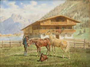 A rural idyll with farmer, farmer's house, horses in front of a mountain lake by Franz Quaglio, 1899