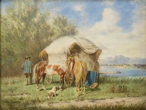 A rural idyll with farmer, hay wagon and horses in front of a mountain lake by Franz Quaglio, 1899