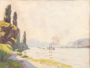 A steamer at a lake with cypresses by E. Schneider, circa 1900