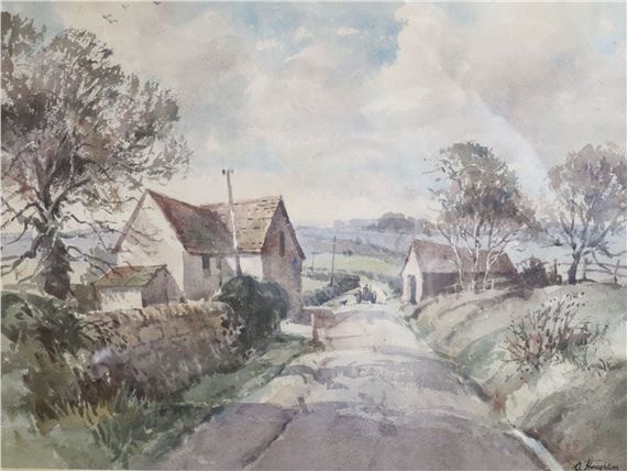Rustic landscape with tractor on a lane by Albert Houghton