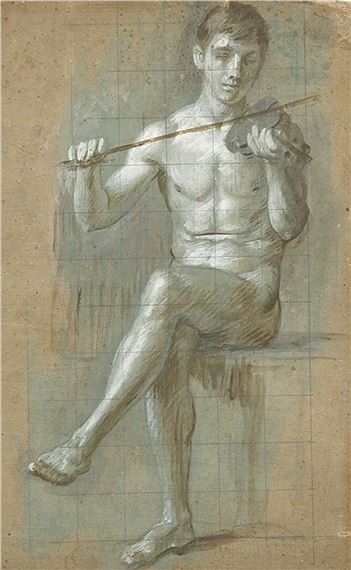 Seven works: Untitled (2); Sitzender, nackter Geiger, männliche Akte (2), Sitzende Frau in antiken Gewand (2), Putti und Rückenakt eines Kindes by Albert Lang, 1878-894