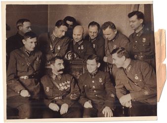 Marshal of the Soviet Union Semyon Budyonny among people awarded the Jubilee Medal "XX Years of the Workers' and Peasants' Red Army" - L. Dorensky