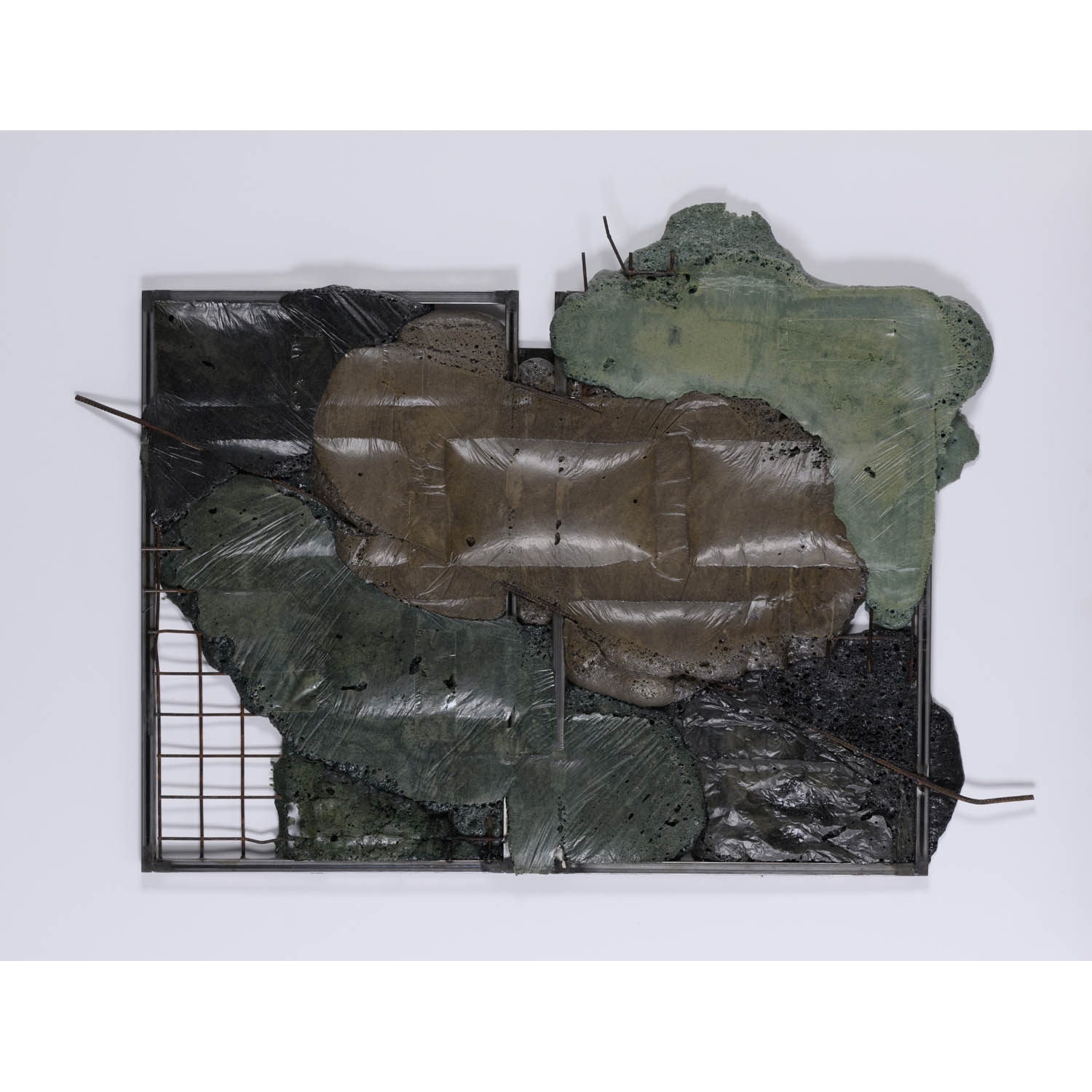 Artwork by Neil Beloufa, Secured wall, Made of Expanded foam, pigment and metal