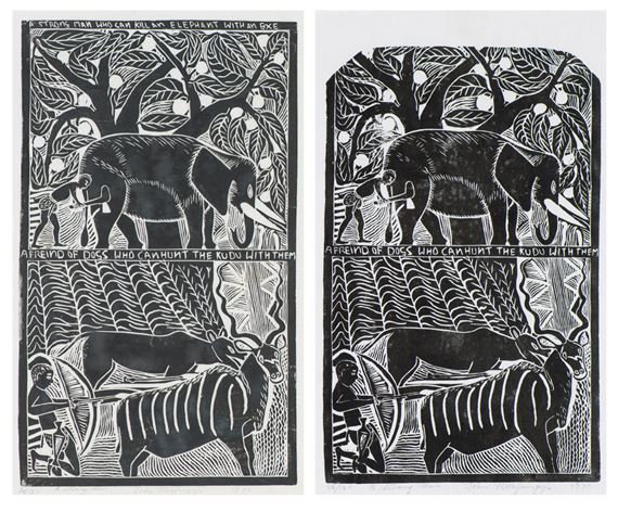 Two works: A Strong Man by John Ndevasia Muafangejo, 1970