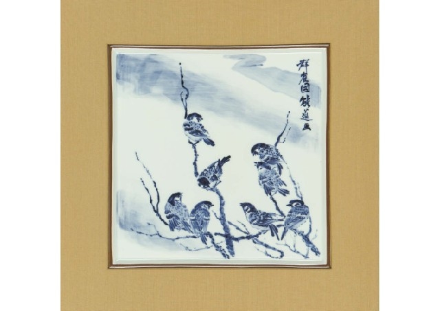 Artwork by Yoshimichi Fujimoto, Ceramic plaque: Sparrow, Made of framed