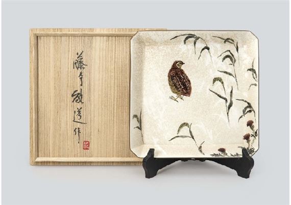 Yellowish white glazed square plate depicting quail in overglaze enamel by Yoshimichi Fujimoto