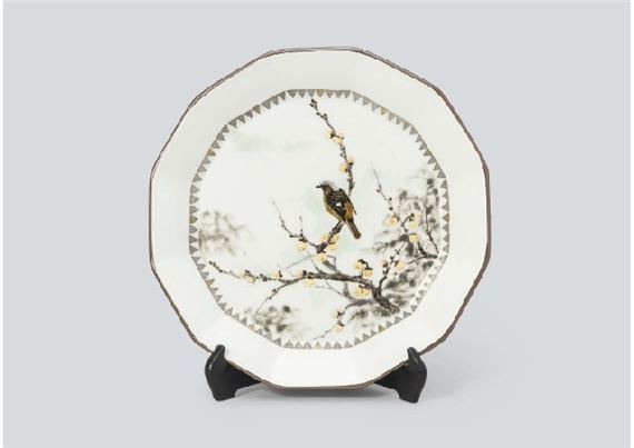 Greenish white glazed plate depicting plum and bird in gold and silver paintings by Yoshimichi Fujimoto
