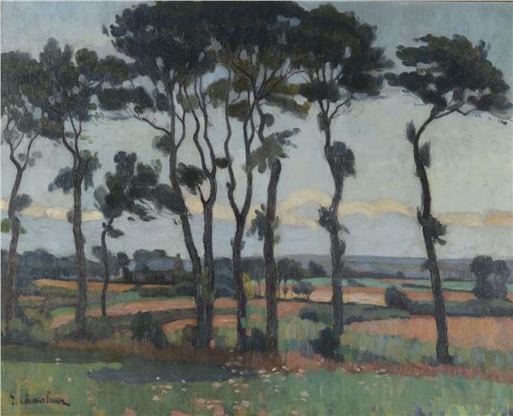 Breton landscape with tall trees by Joseph Alphonse Chauleur