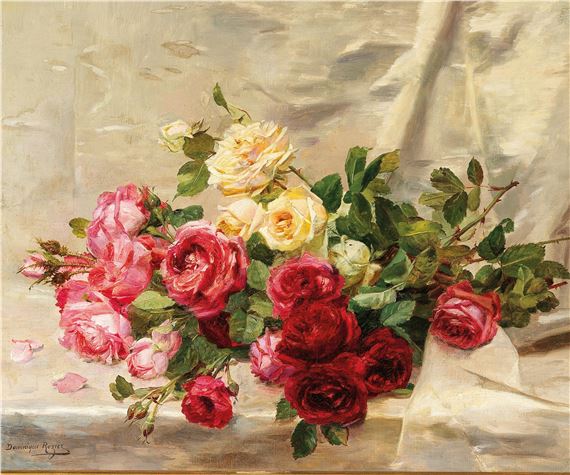 Ein Rosenbouquet auf einem Damasttuch liegend by Dominique Hubert Rozier