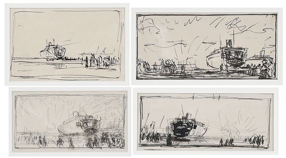 Four ink studies for and accompanied by the etching The Sussex (The Torpedoed Sussex Beached at Boulogne) by James McBey, 1916
