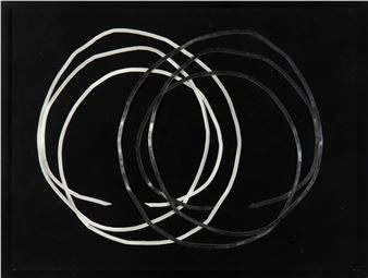 A minimalist composition of interwoven white and dark ribbons against a black background.