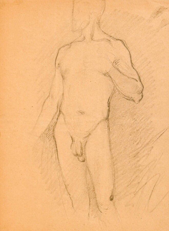 Artwork by Jean-Hugues Gaborit, Three Works: Studies of male nudes, Made of Pencil drawings and blurred
