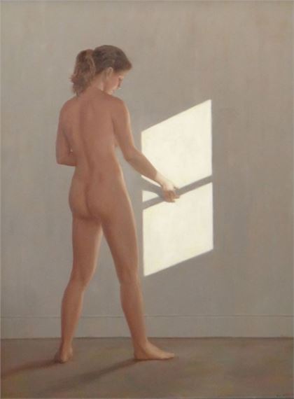 Female nude standing against a shaft of light from a window by Harry Holland, 2000
