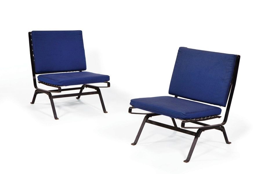 Artwork by Mario Rinaldi, Two Works: Armchairs, Made of Black lacquered metal and blue fabric