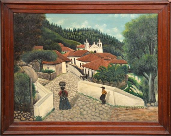Mt. Village with figure by wall. by Jose Antonio Velasquez, 1952
