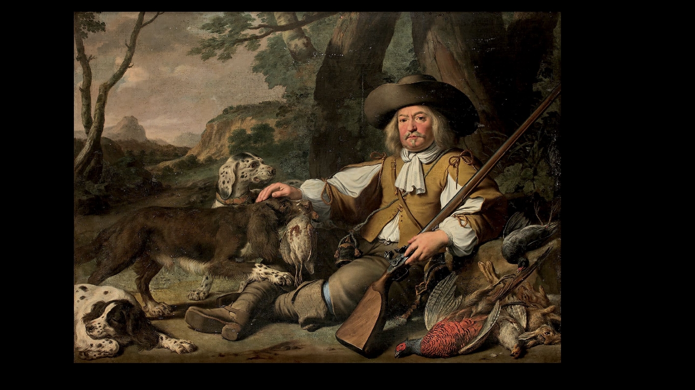 Artwork by Jean Daret, Bernard Nicasius, Portrait of a hunter sitting with his dogs