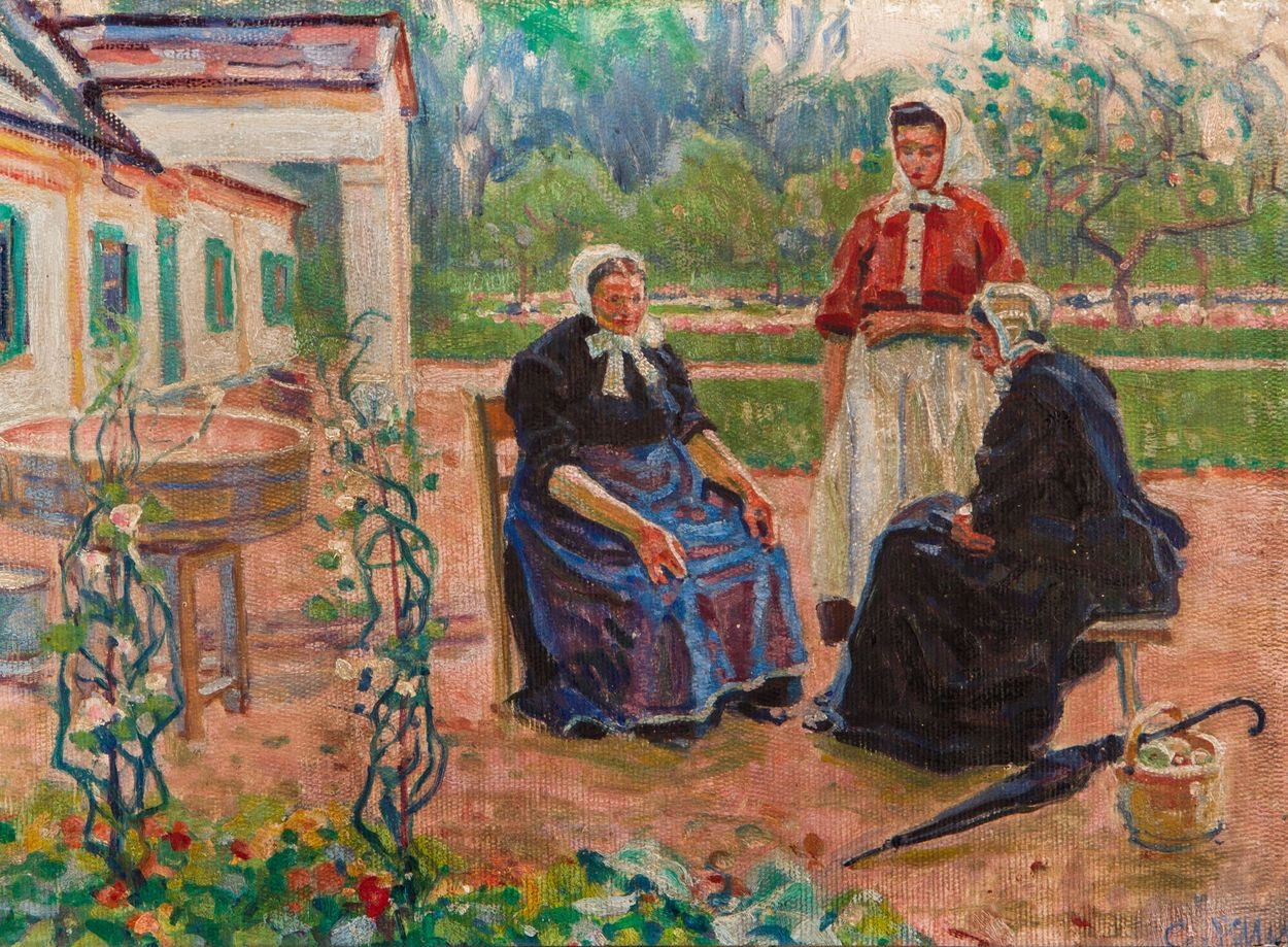 Artwork by Gustaw Pilatti, WOMEN IN FRONT OF THE MANOR, Made of Oil, canvas