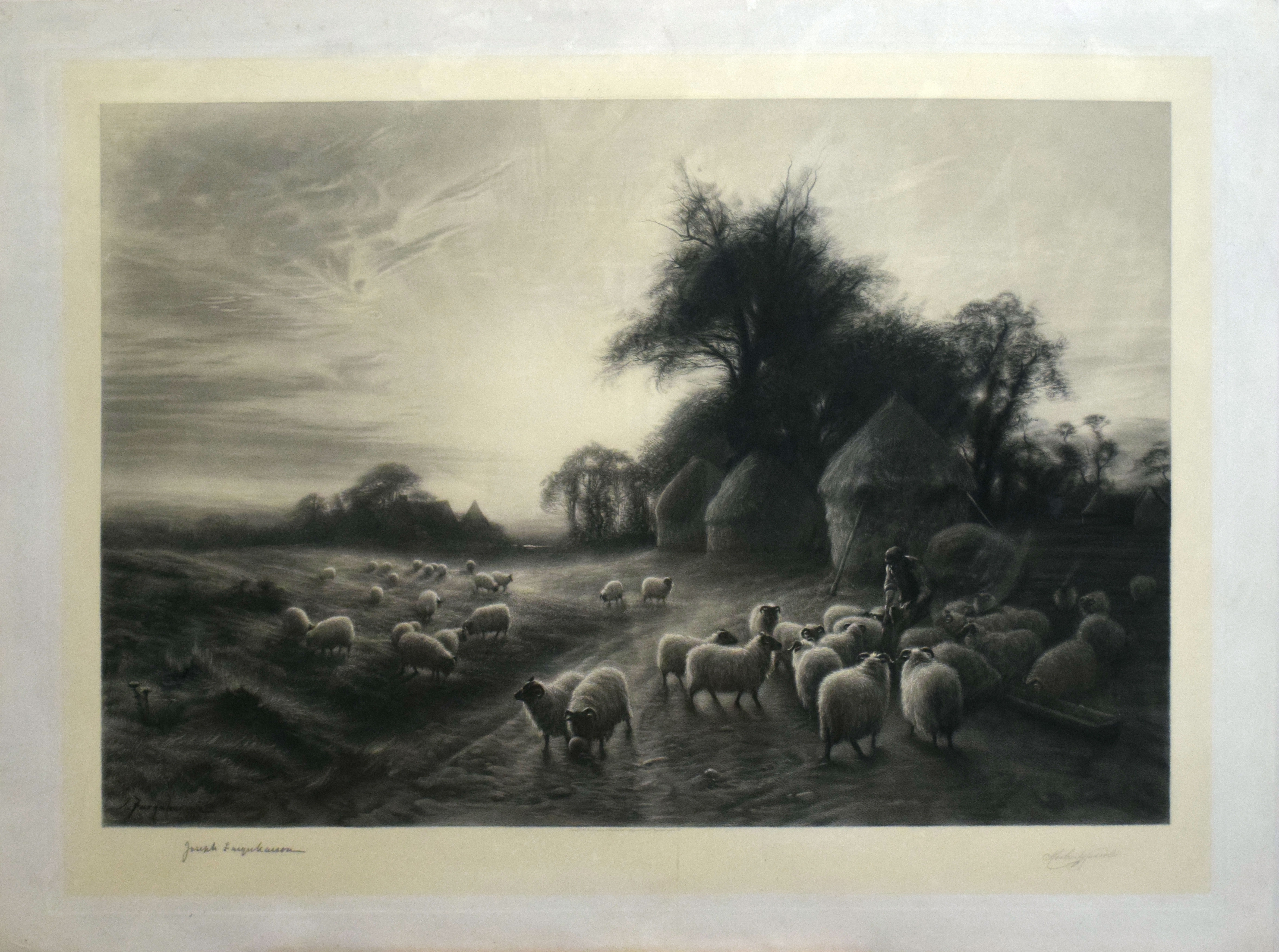Artwork by Joseph Farquharson, Sheep grazing, Made of black and white engraving