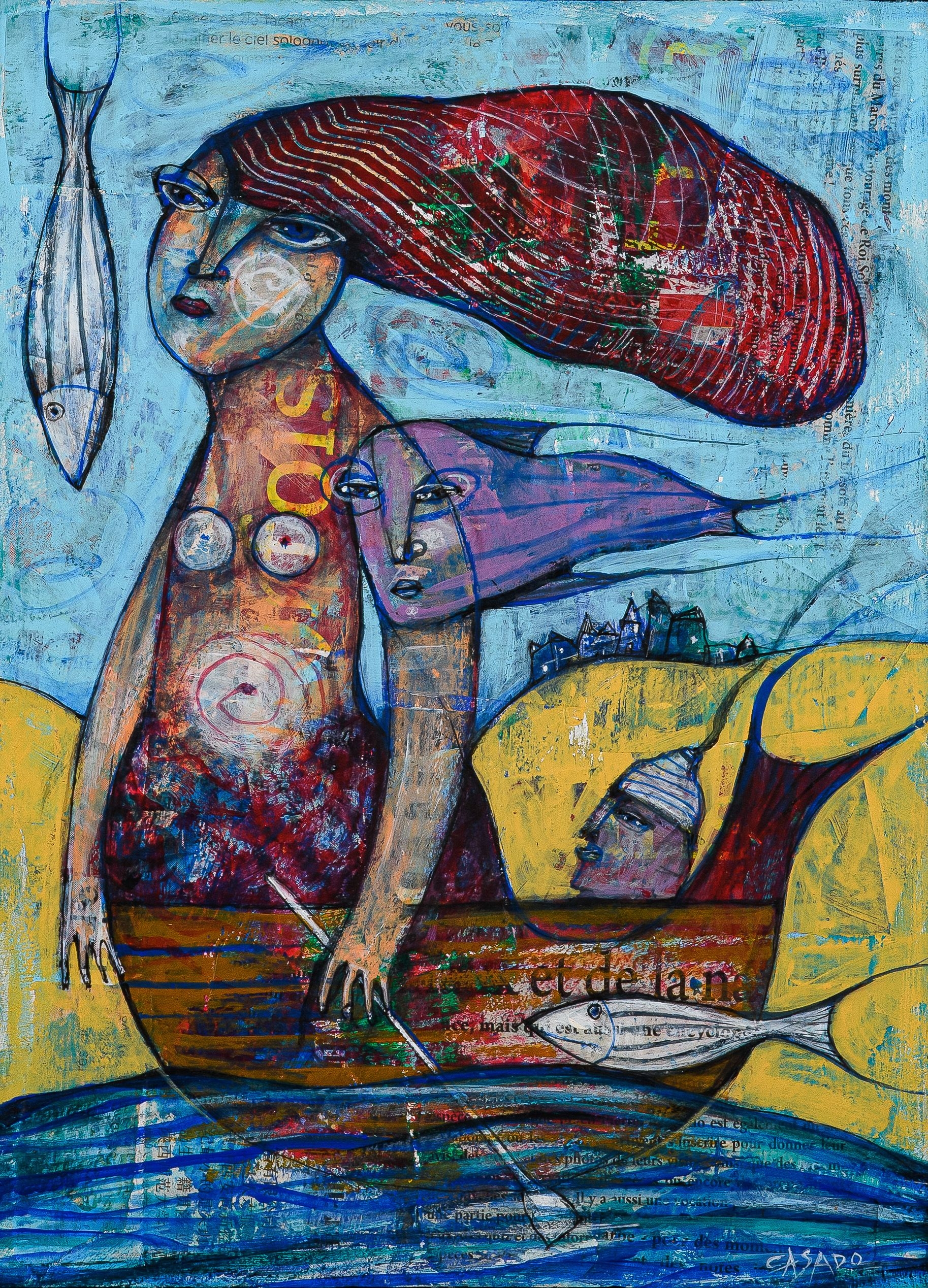 Artwork by Dan Casado, Red mermaid, Made of Mixed media and collage on wood panel