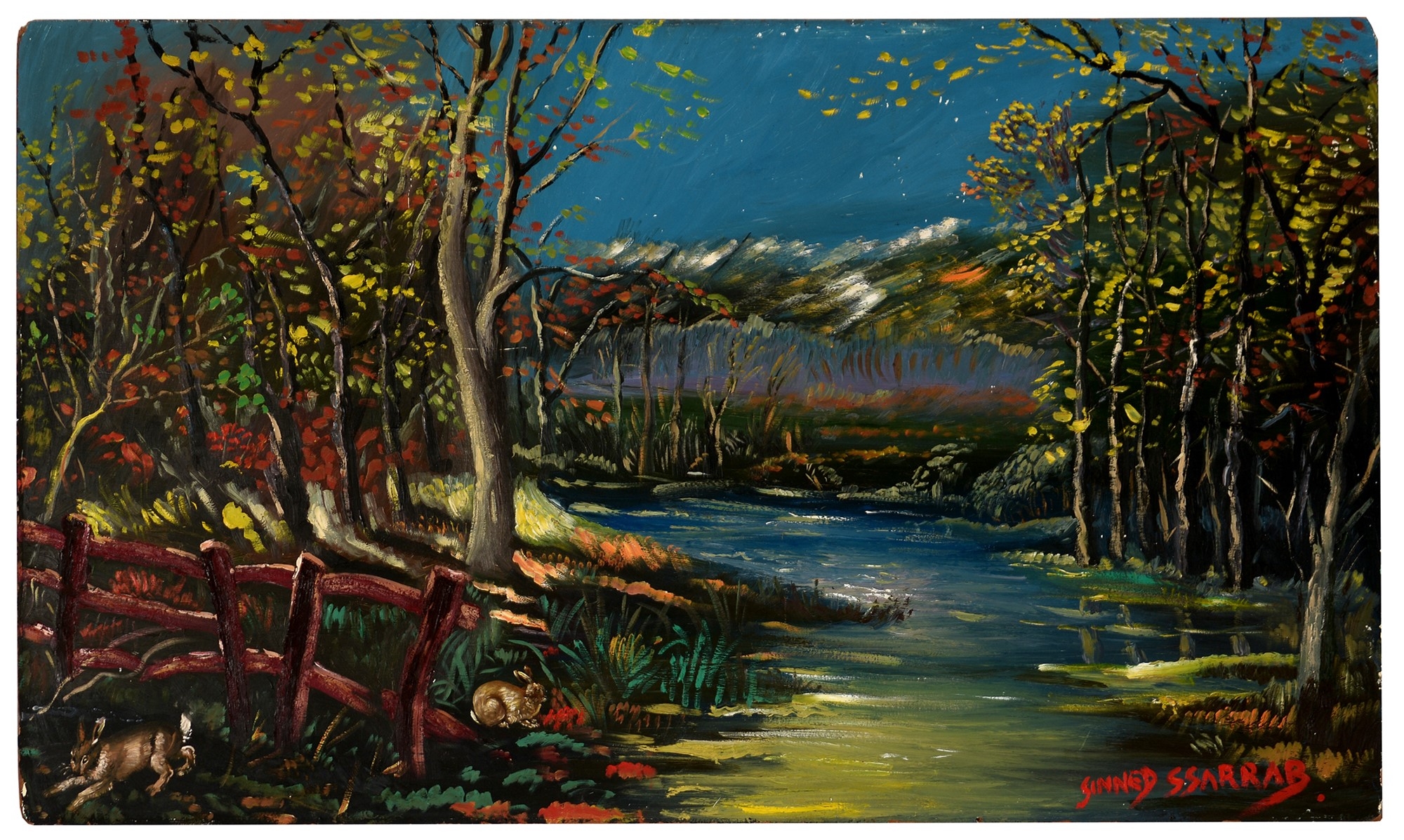 Artwork by Dennis Barrass, Rabbits in a river landscape, Made of oil on board