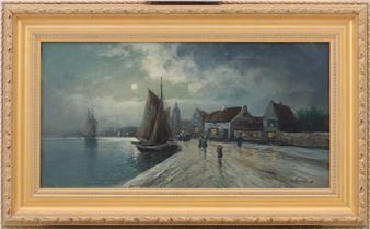 Een winters vissersdorp in het maanlicht - J. Veerkamp