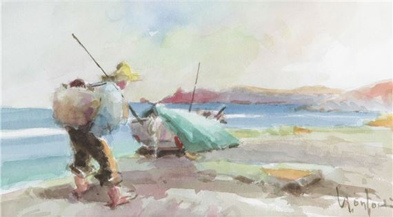 Fisherman on the beach by Spanish School, 20th Century, Juan Monfort
