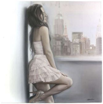 Portrait of a young woman gazing out of a window, - Talantbek Chekirov