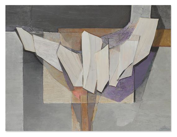 María Luisa Pacheco, Arcana, 1974: planos blancos, grises y violetas articulados alrededor de una forma vertical