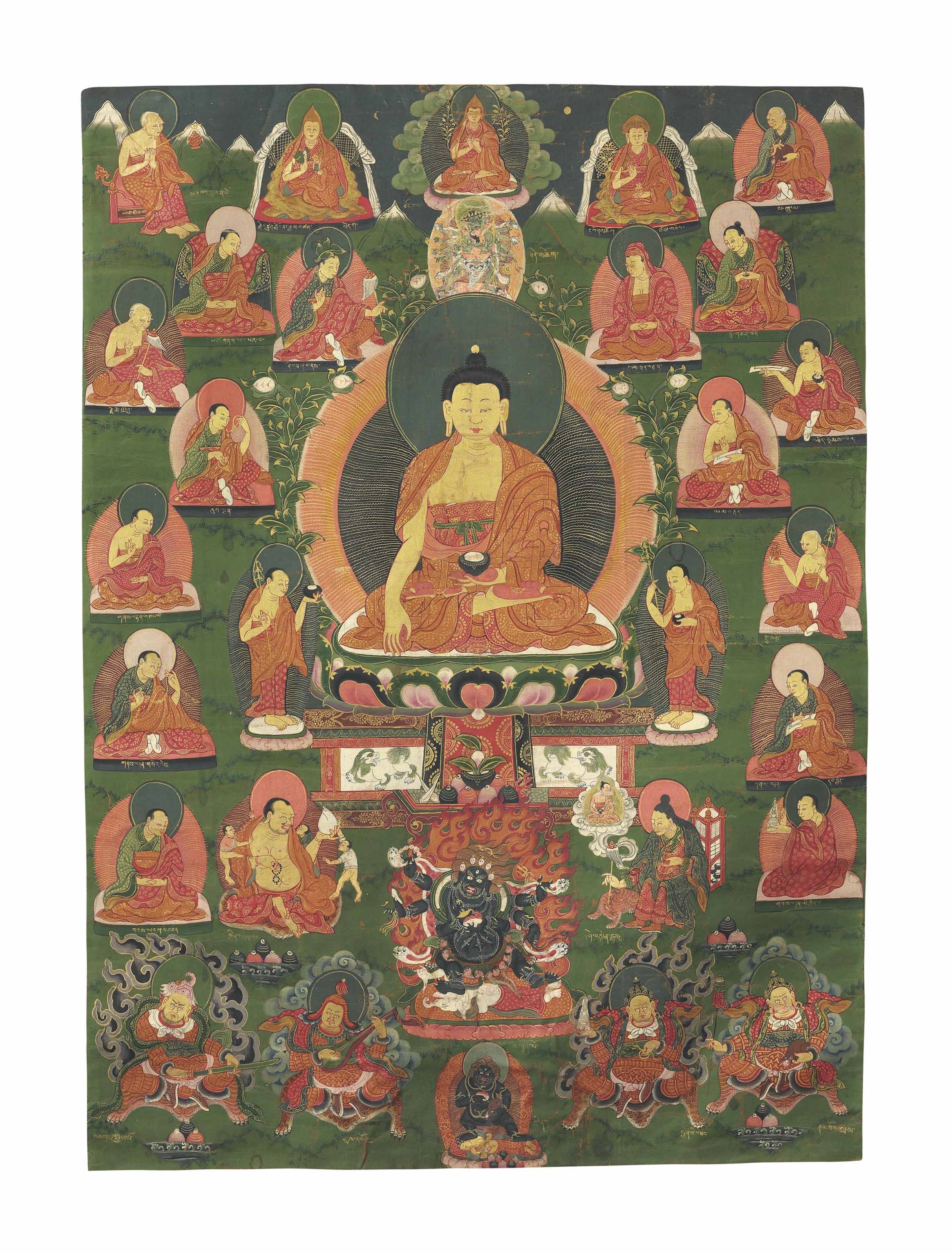 A PAINTING OF BUDDHA SHAKYAMUNI AND THE SIXTEEN ARHATS by Tibetan School, 18th Century, 18TH CENTURY